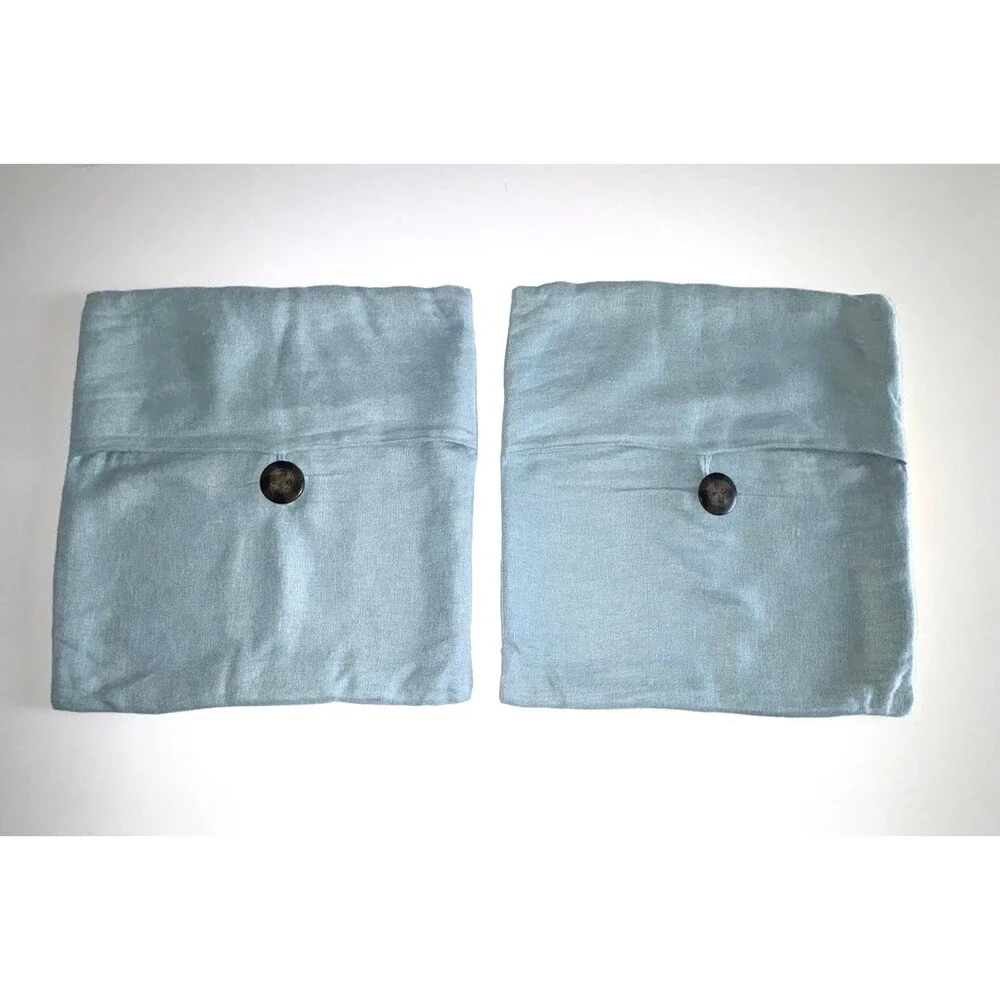 POTTERY BARN Set of 2 Light Blue Linen Throw Pillow Covers Wood Button 18x18”